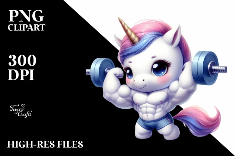 Watercolor Pastel Cute Baby Unicorn Posing as a Body Builder