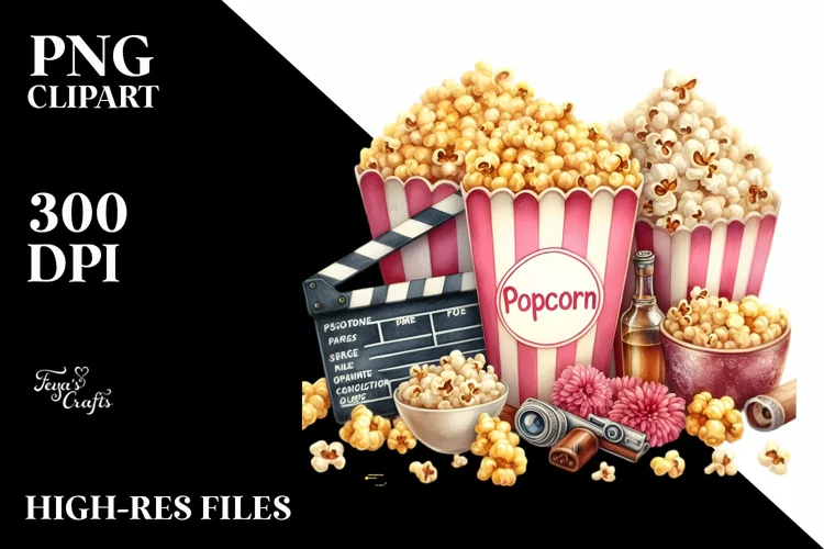 Vintage Popcorn Watercolor Summer Sticker Clipart
