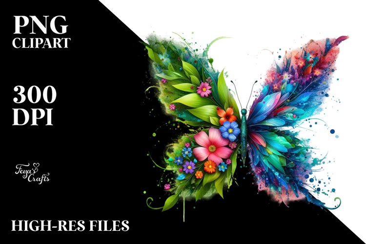 Vibrant Butterfly with Flowers, PNG