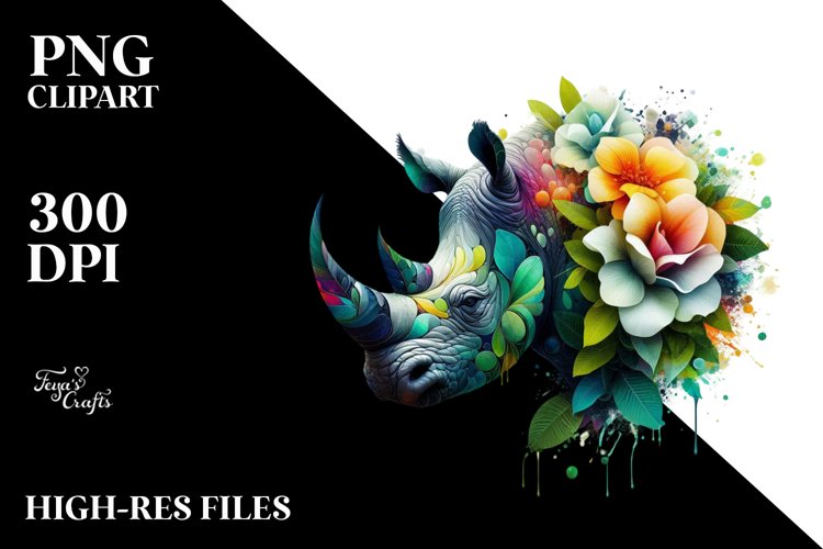 Vibrant Rhino with Flowers PNG