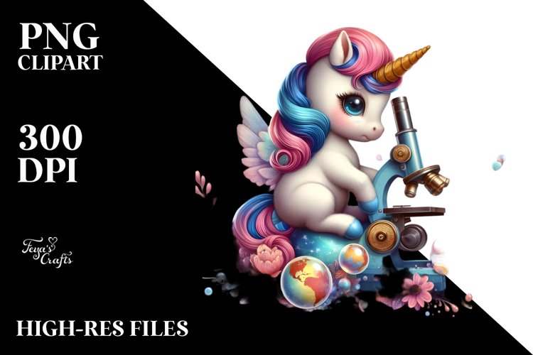 Colorful Baby Unicorn with Microscope PNG