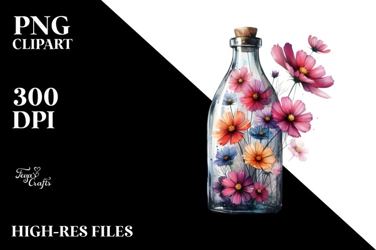 Abstract Bottle with Large Cosmos | Sublimation Clipart