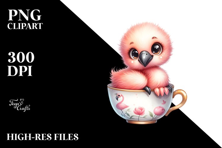 Colorful Baby Flamingo in Tea Cup | Clipart example image 1