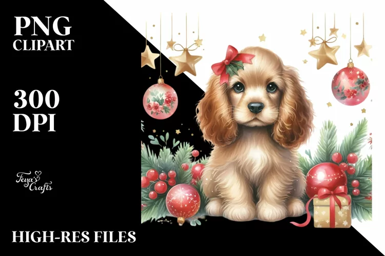 Watercolor Cocker Spaniel with Christmas Decoration