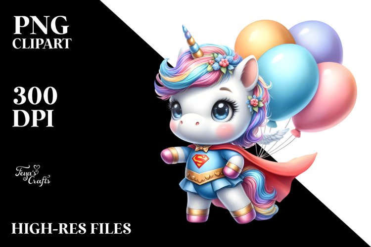 Cute Unicorn Hero with Balloons | Clipart