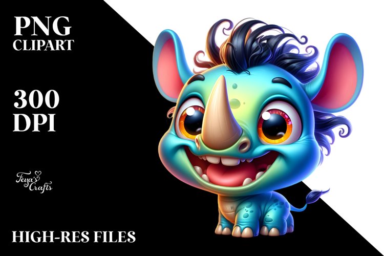 Colorful Cartoon Baby Rhino Crazy Hair | Sublimation Clipart example image 1