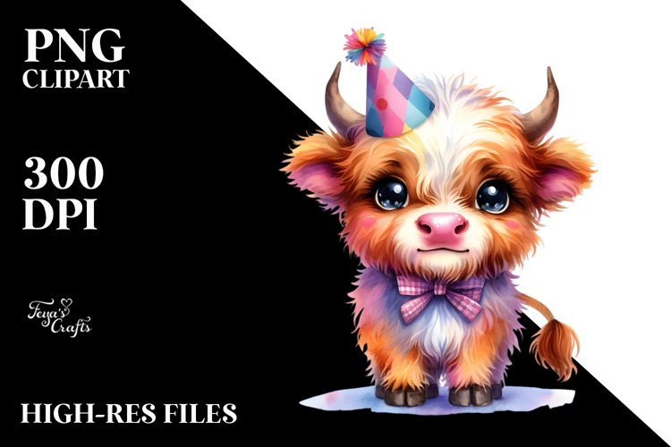 Cute Baby Highland Cow with Party Hat | Sublimation |