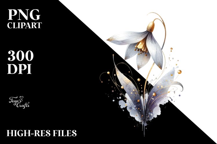 Watercolor Snowdrop with Golden Insertions | Clipart