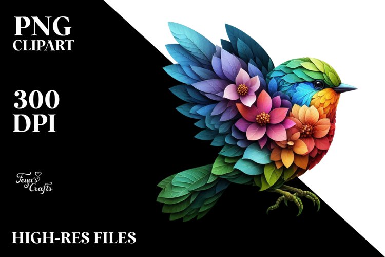 Vibrant Bird with Flowers PNG
