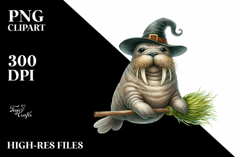 Playful Walrus on Broom | Sublimation | Clipart