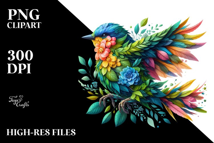Vibrant Bird with Flowers PNG