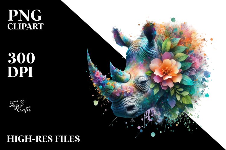 Vibrant Rhino with Flowers PNG