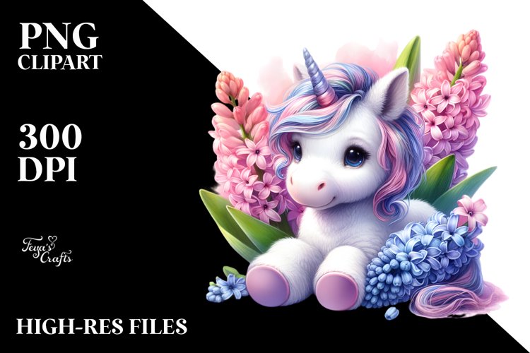 Baby Unicorn with Hyacinth and Rose Frame | Clipart