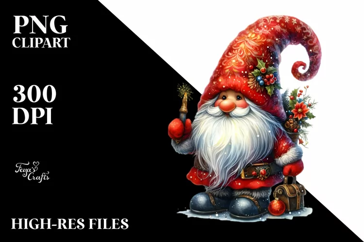 Detailed Vibrant Christmass Gnome Watercolor PNG
