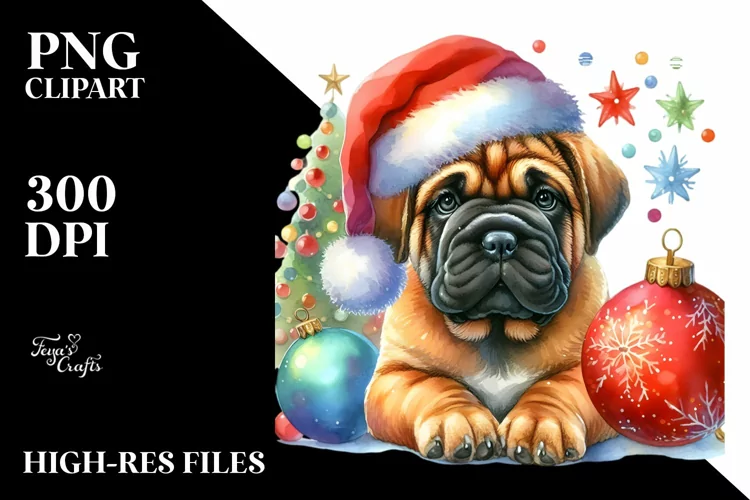 Cute Watercolor Bullmastiff with Christmas Globes