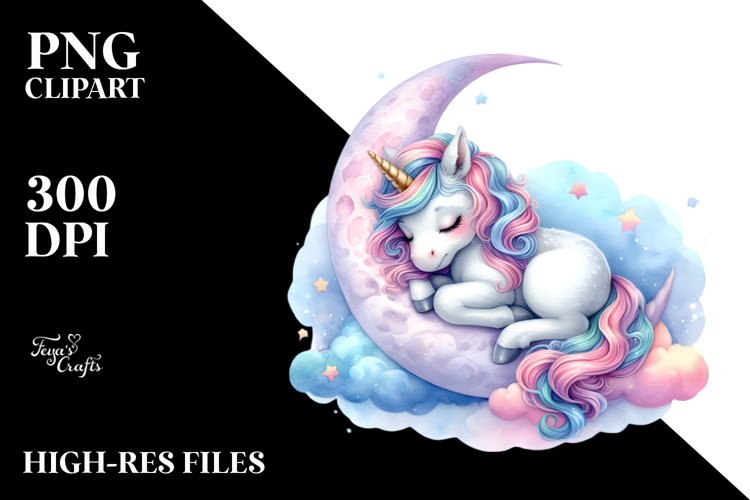 Colorful Pastel Baby Unicorn on Moon | Sublimation | Clipart