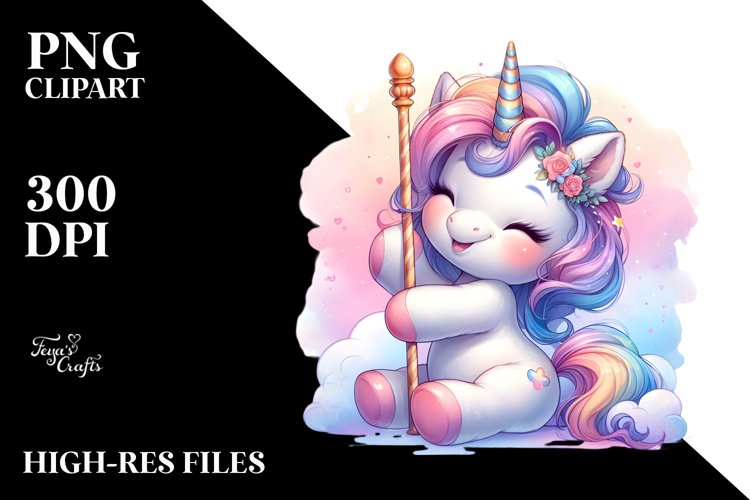 Colorful Baby Unicorn with Pole PNG