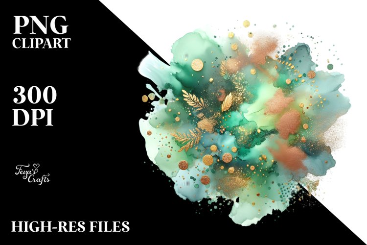 Colorful Greenish Watercolor Particles with Small Golden