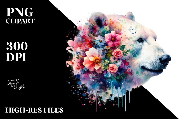 Artistic Polar Bear Half Made of Flowers | Sublimation | example image 1