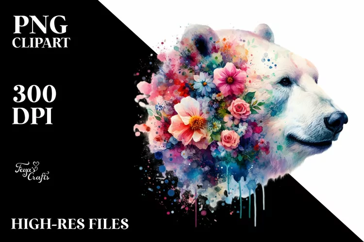 Artistic Polar Bear Half Made of Flowers | Sublimation |