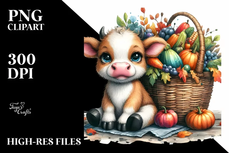 Colorful Baby Cow | Watercolor | Basket