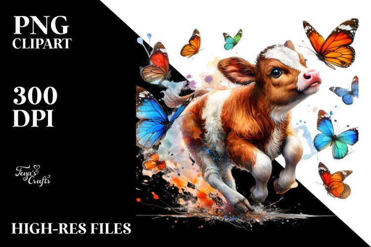 Colorful Baby Cow Chasing Butterflies PNG