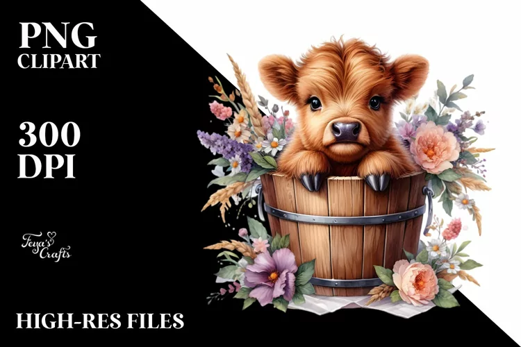 A Cute Baby Highland Cow with Wood Bucket and Flowers