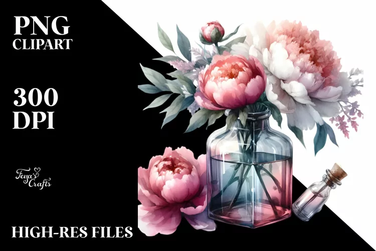 Abstract Watercolor Bottle Peonies Elegant Sophisticated