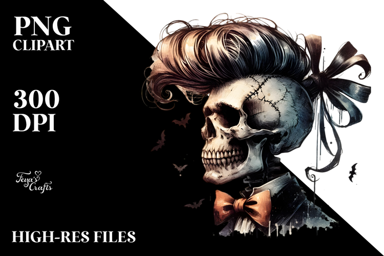 Retro Skull with Hair and Bow PNG