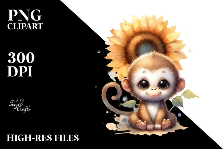 Funny Baby Monkey Sunflower Scene | Sublimation | Clipart