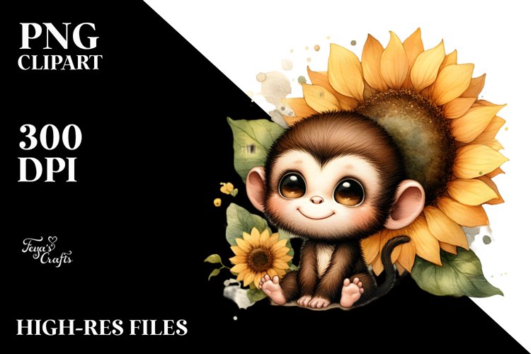Funny Baby Monkey Sunflower Scene | Sublimation | Clipart