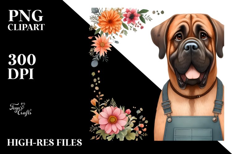 Watercolor Mastiff Happy Floral Frame example image 1
