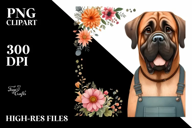 Watercolor Mastiff Happy Floral Frame