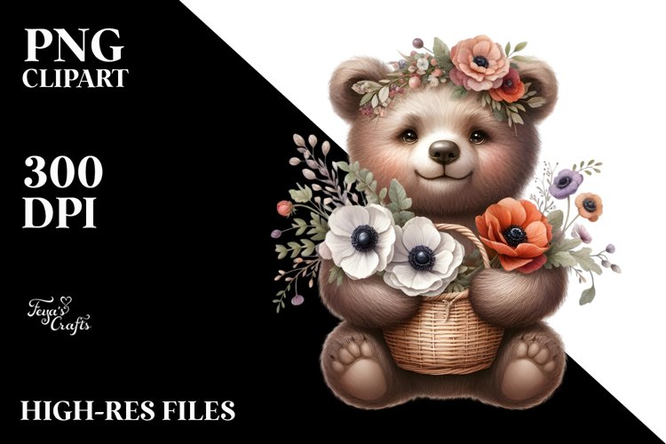 Cute Baby Bear with Anemone Bouquet | Sublimation | Clipart