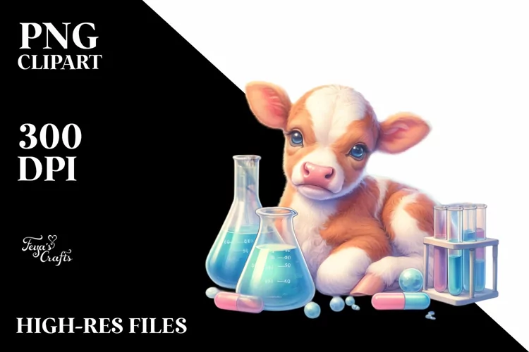 Baby Cow with Beaker and Test Tubes, Watercolor PNG