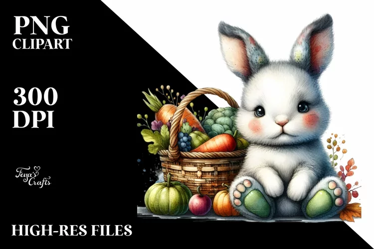 Baby Rabbit with Autumn Vegetables, Watercolor Style,