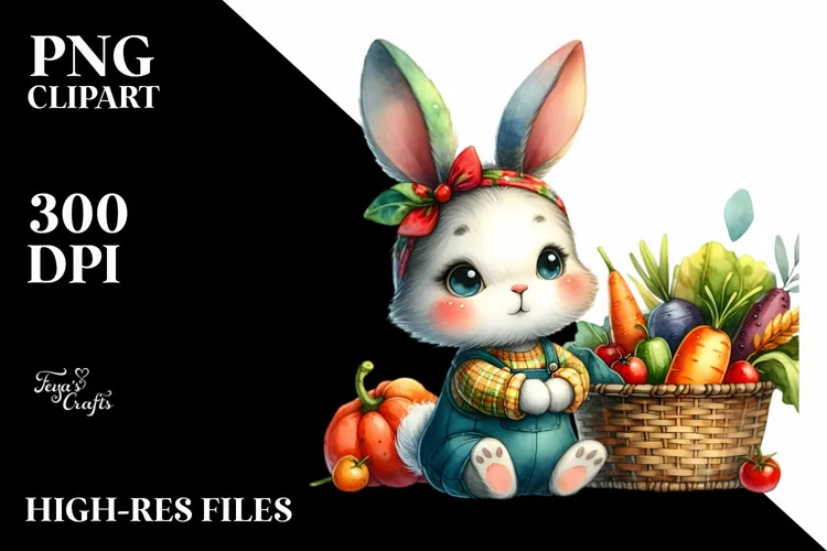 Baby Rabbit with Autumn Vegetables, Watercolor Style,