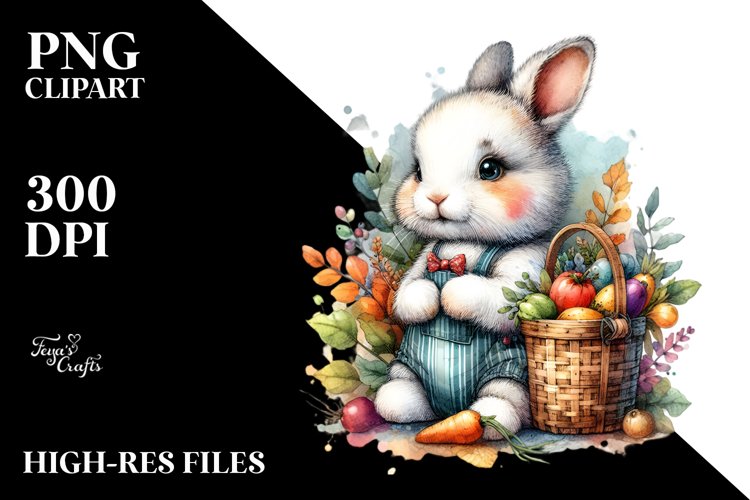 Baby Rabbit with Autumn Vegetables, Watercolor Style,