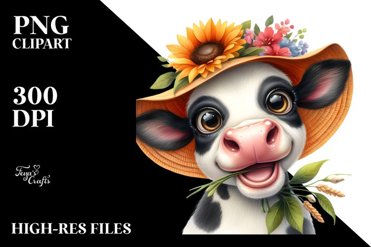 Cow Watercolor Cow Portrait with Sun Hat and Enthusiastic