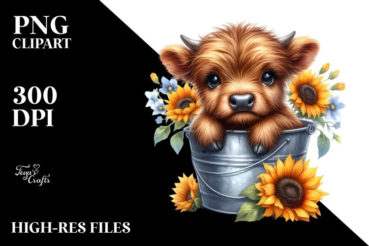 Cute Baby Highland Cow in Sunflower Field, Transparent PNG