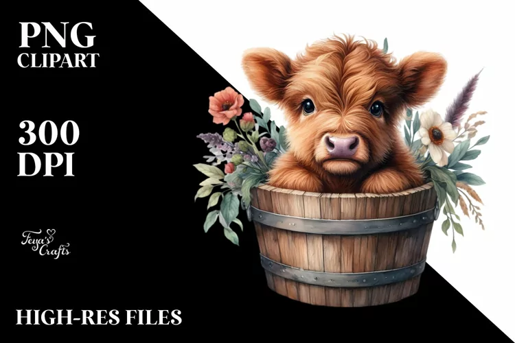 Cute Baby Highland Cow Wood Bucket PNG