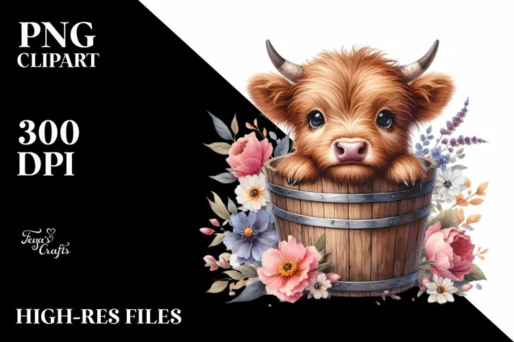 Cute Baby Highland Cow Wood Bucket PNG