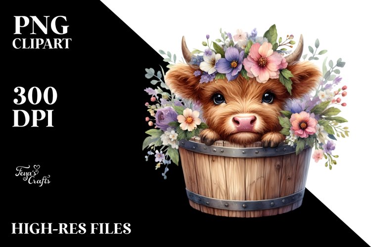 Cute Baby Highland Cow Wood Bucket PNG