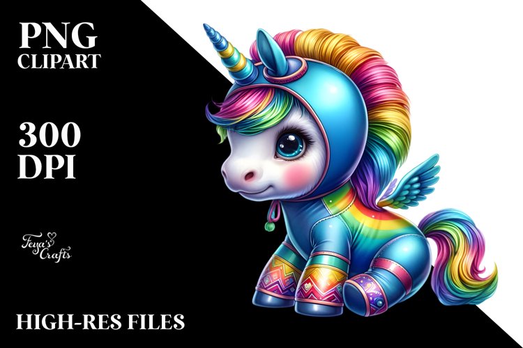 Colorful Baby Unicorn in Surfers Wetsuit PNG
