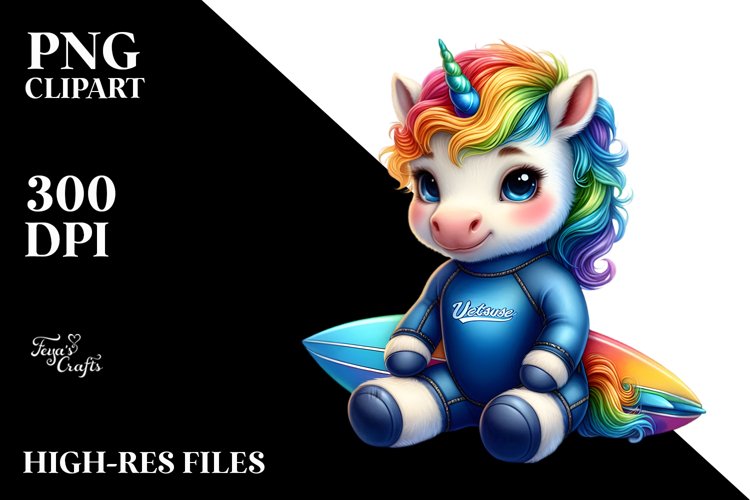 Colorful Baby Unicorn in Surfers Wetsuit PNG