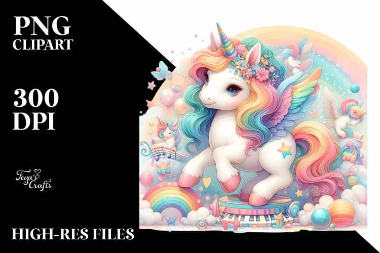 Colorful Baby Unicorn with Stage PNG