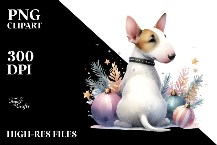 a Cute Bull Terrier with Christmass Decorations PNG example image 1