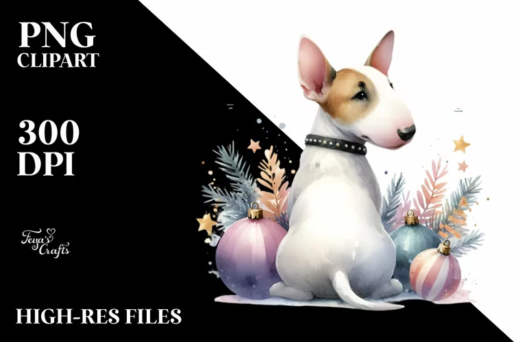 a Cute Bull Terrier with Christmass Decorations PNG