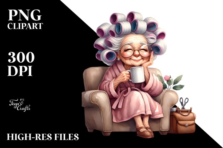 Old Lady on Couch | Tea Mug Pose | Clipart