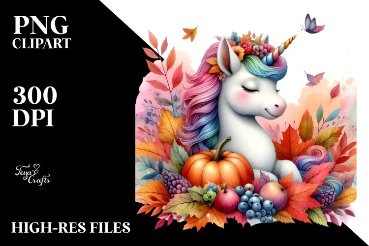 Baby Unicorn in Autumn Scene PNG